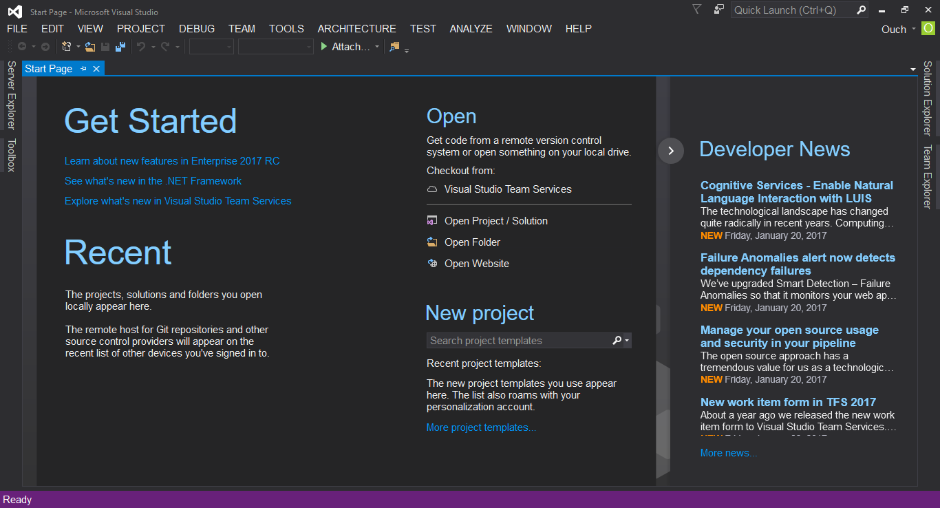 Visual Studio 2017 RC 的開始畫面