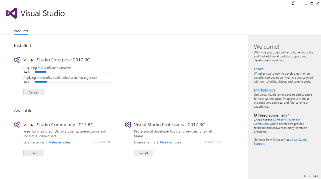 Visual Studio 2017 RC 更新畫面