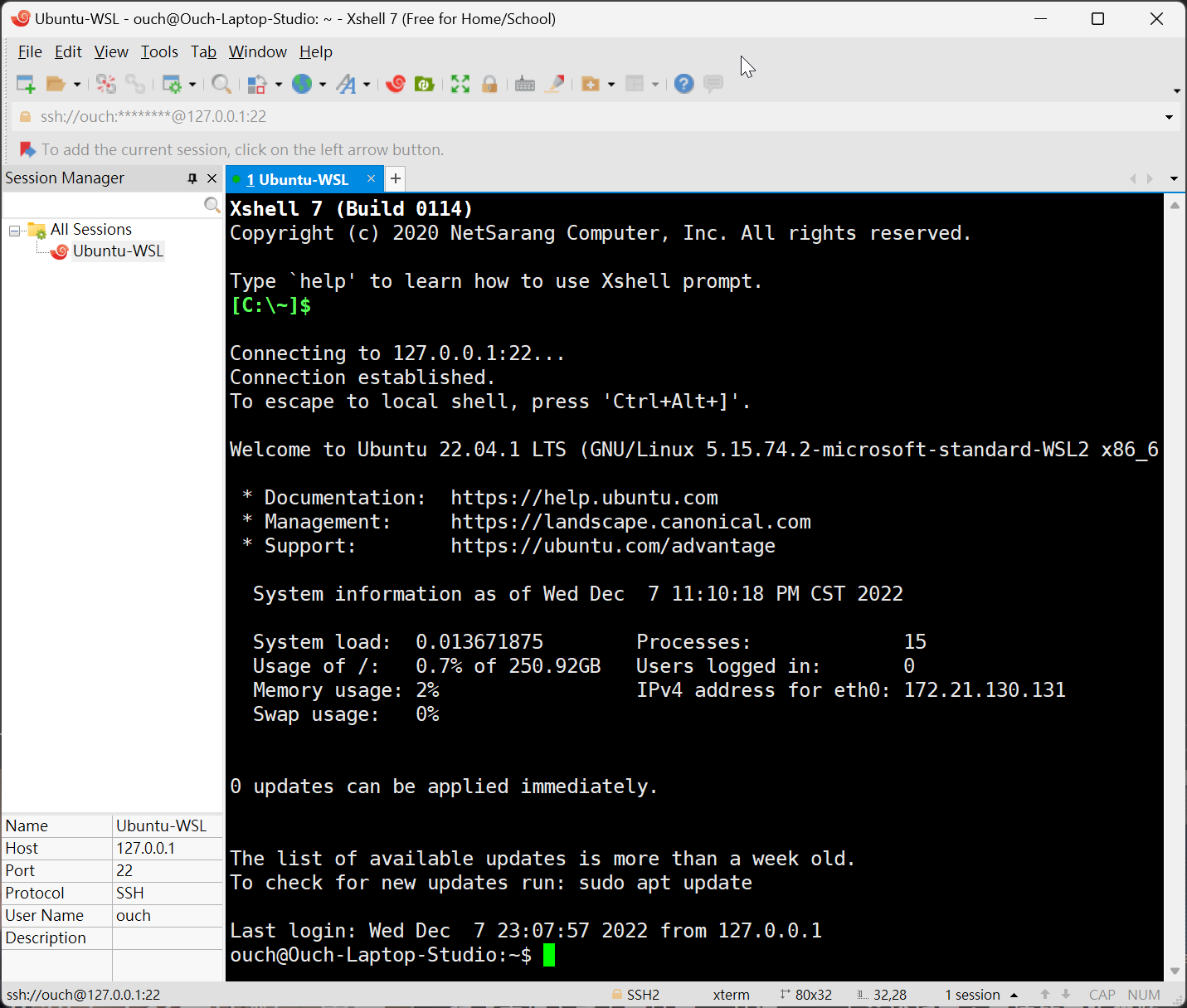 成功以 SSH Client 登入 WSL2 下的 Ubuntu